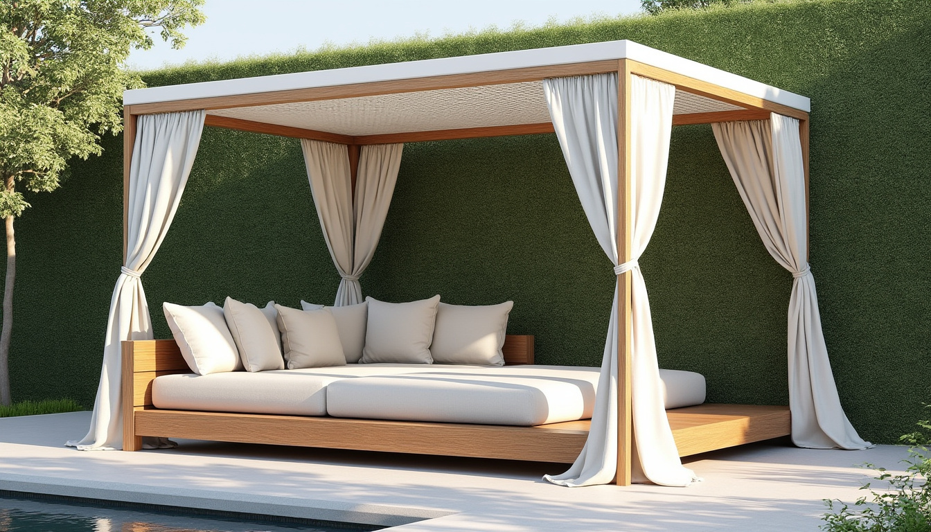 découvrez le lit de jardin apache par atmosphera, alliant tissu confortable et structure en teck durable, pour un extérieur élégant signé gaia interni.