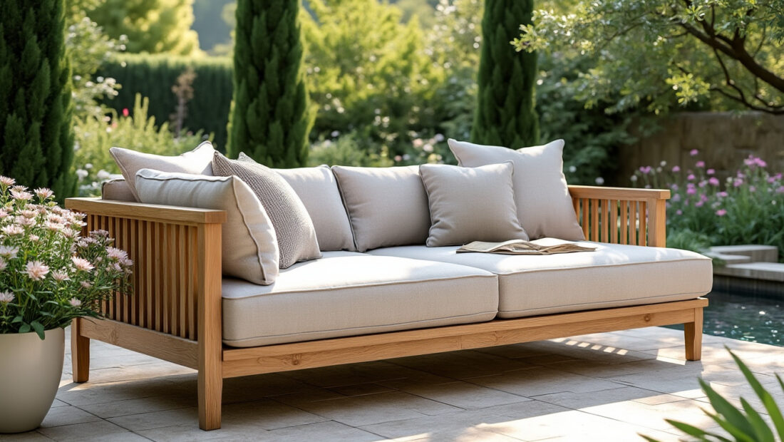 découvrez le lit de jardin apache d'atmosphera par gaia interni, alliant tissu confortable et structure en teck durable pour un extérieur élégant et accueillant.