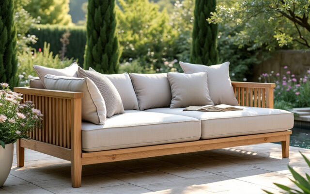 découvrez le lit de jardin apache d'atmosphera par gaia interni, alliant tissu confortable et structure en teck durable pour un extérieur élégant et accueillant.
