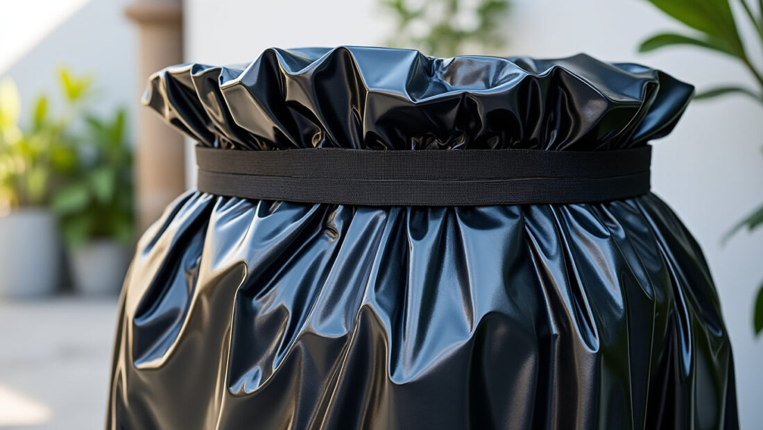 sac poubelle large ultra résistant avec fixations élastiques assurant un maintien optimal, idéal pour une gestion efficace et propre des déchets.