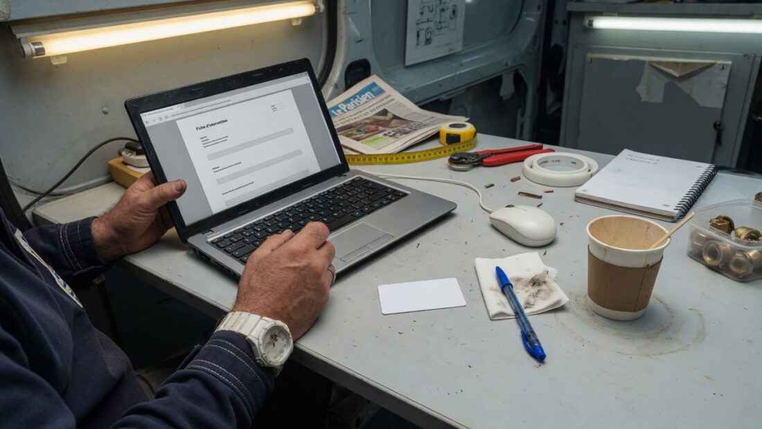 Artisan avec PDF Forprev et carte PVC sur l’établi d’un fourgon