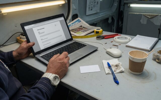 Artisan avec PDF Forprev et carte PVC sur lâĂ©tabli dâun fourgon