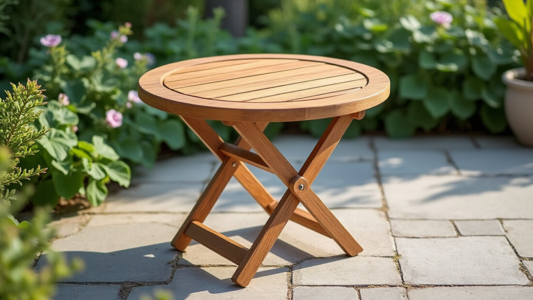 découvrez notre table de jardin ronde en teck, compacte, pliante et pratique, idéale pour optimiser l'espace tout en apportant une touche naturelle et élégante à votre extérieur.