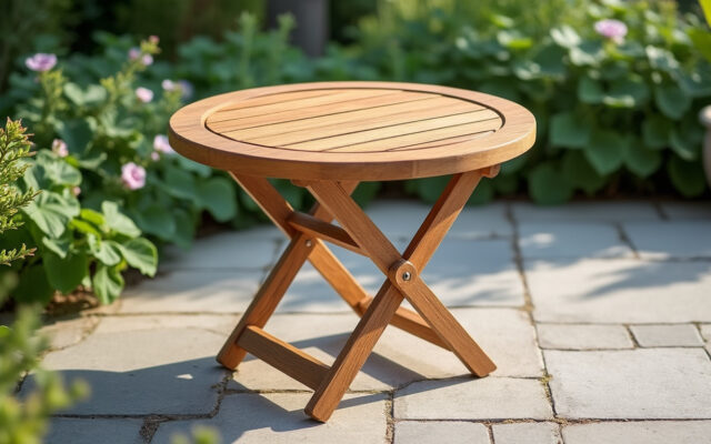 découvrez notre table de jardin ronde en teck, compacte, pliante et pratique, idéale pour optimiser l'espace tout en apportant une touche naturelle et élégante à votre extérieur.